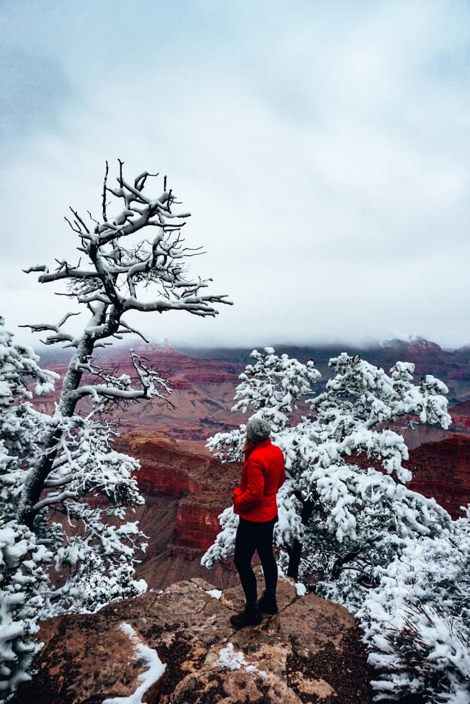 Woman standing near the edge looking out to the Grand Canyon, covered in snow