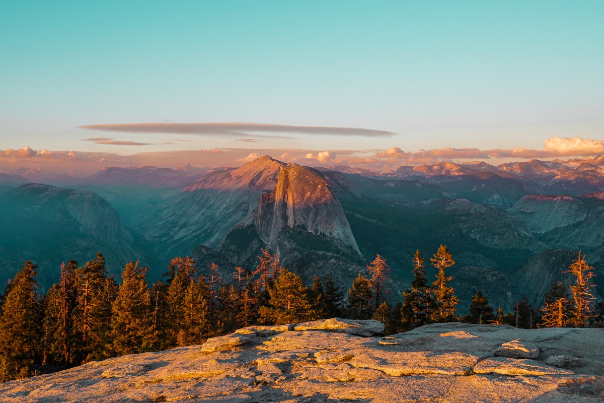 View of Half Dome from the top of Sentinel Dome in Yosemite at sunset