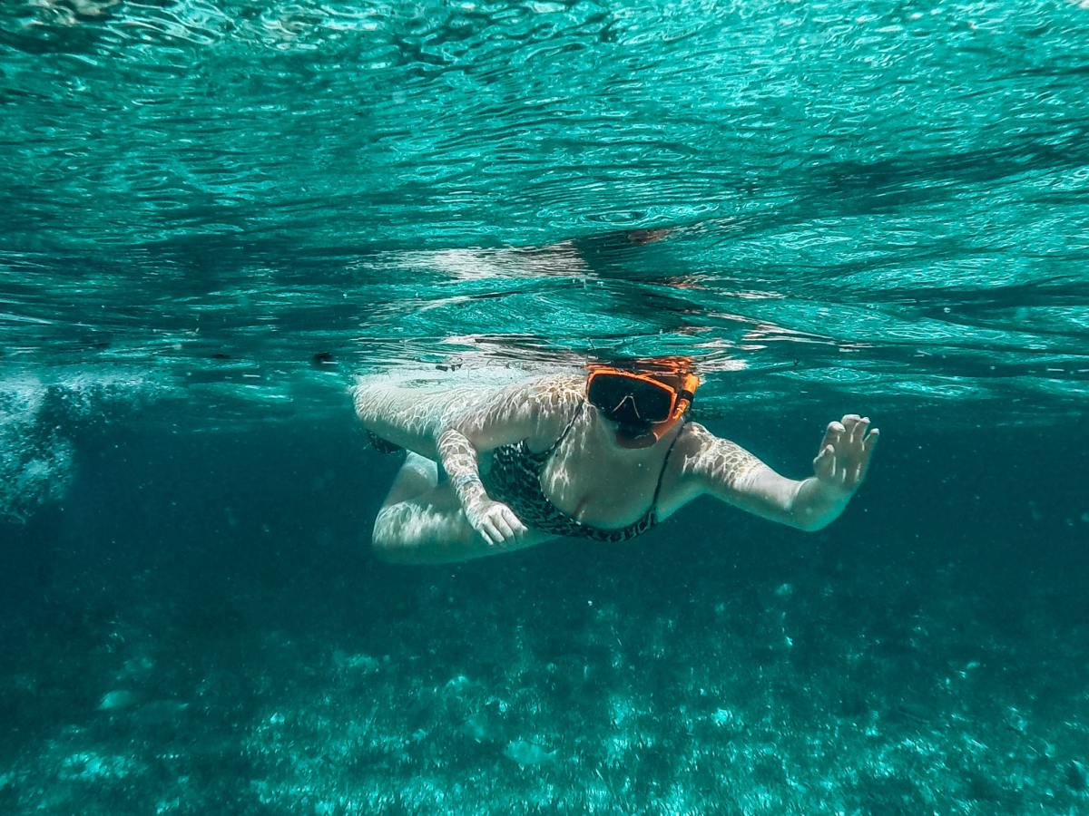 Woman snorkeling at the surface of the water in a swimsuit