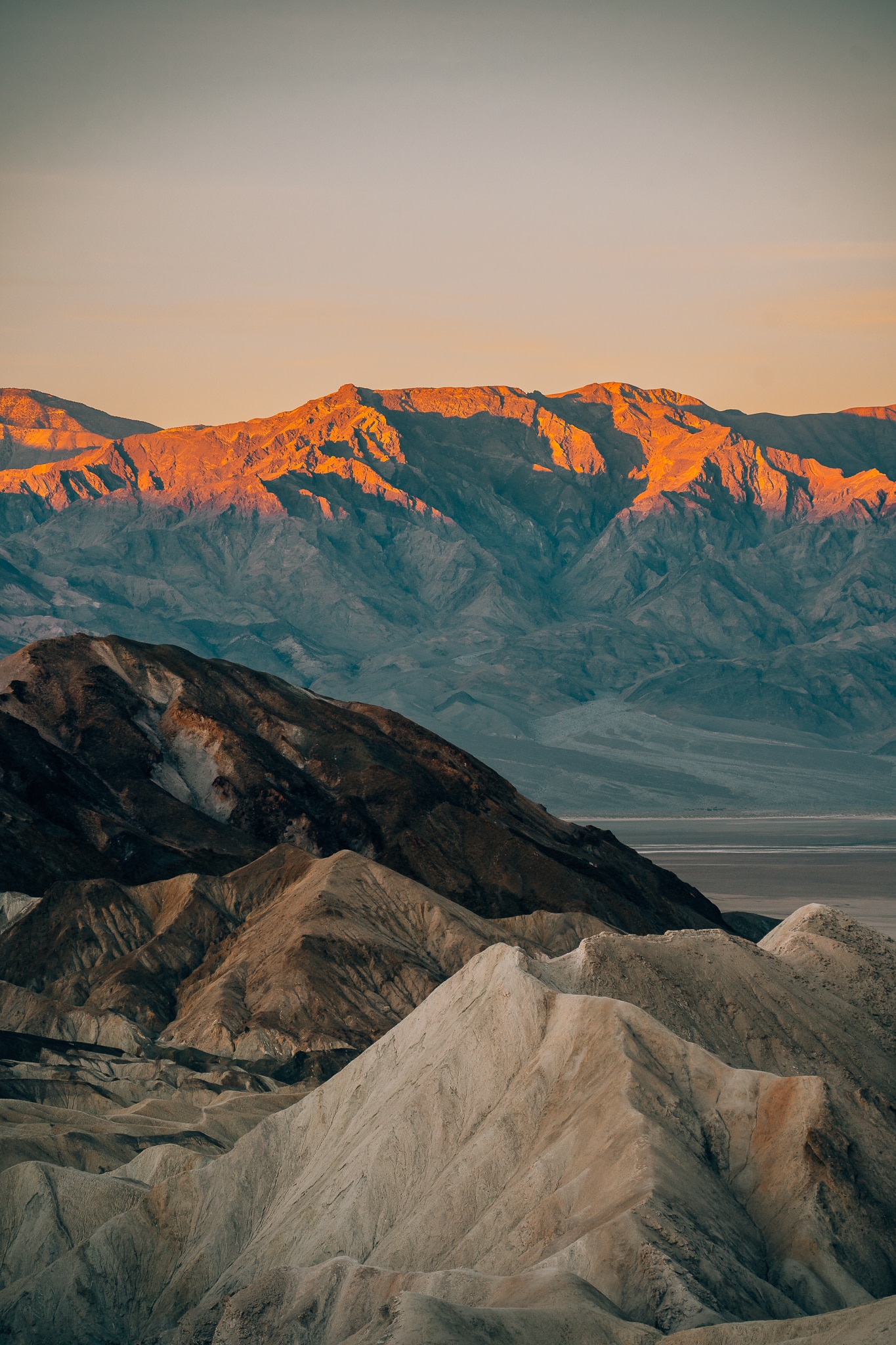 Sunrise at Zabrinskie Point with 3 layers of mountains
