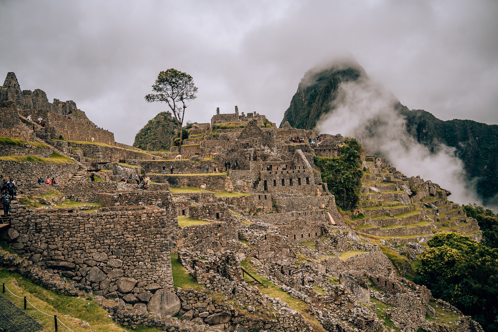 Picture of the citadel of Machu Picchu with a cloud covering part of the mountains in the background