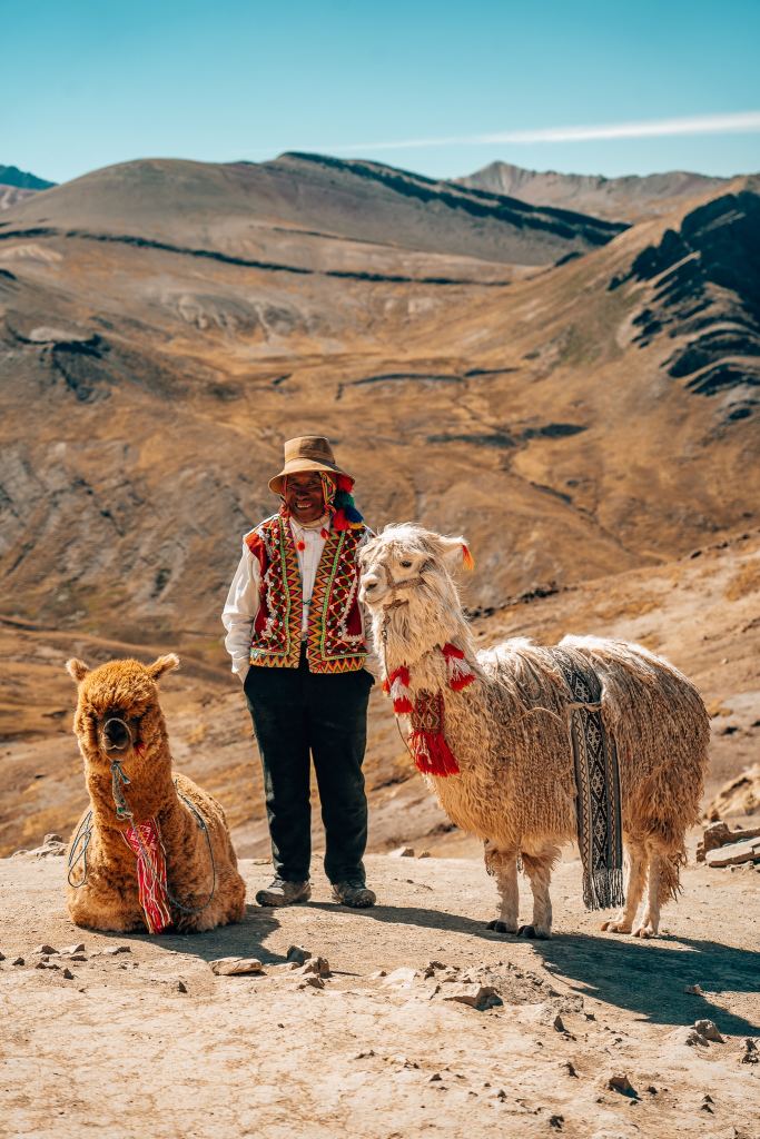 Andean man standing with an alpaca and a llama with mountains in the background