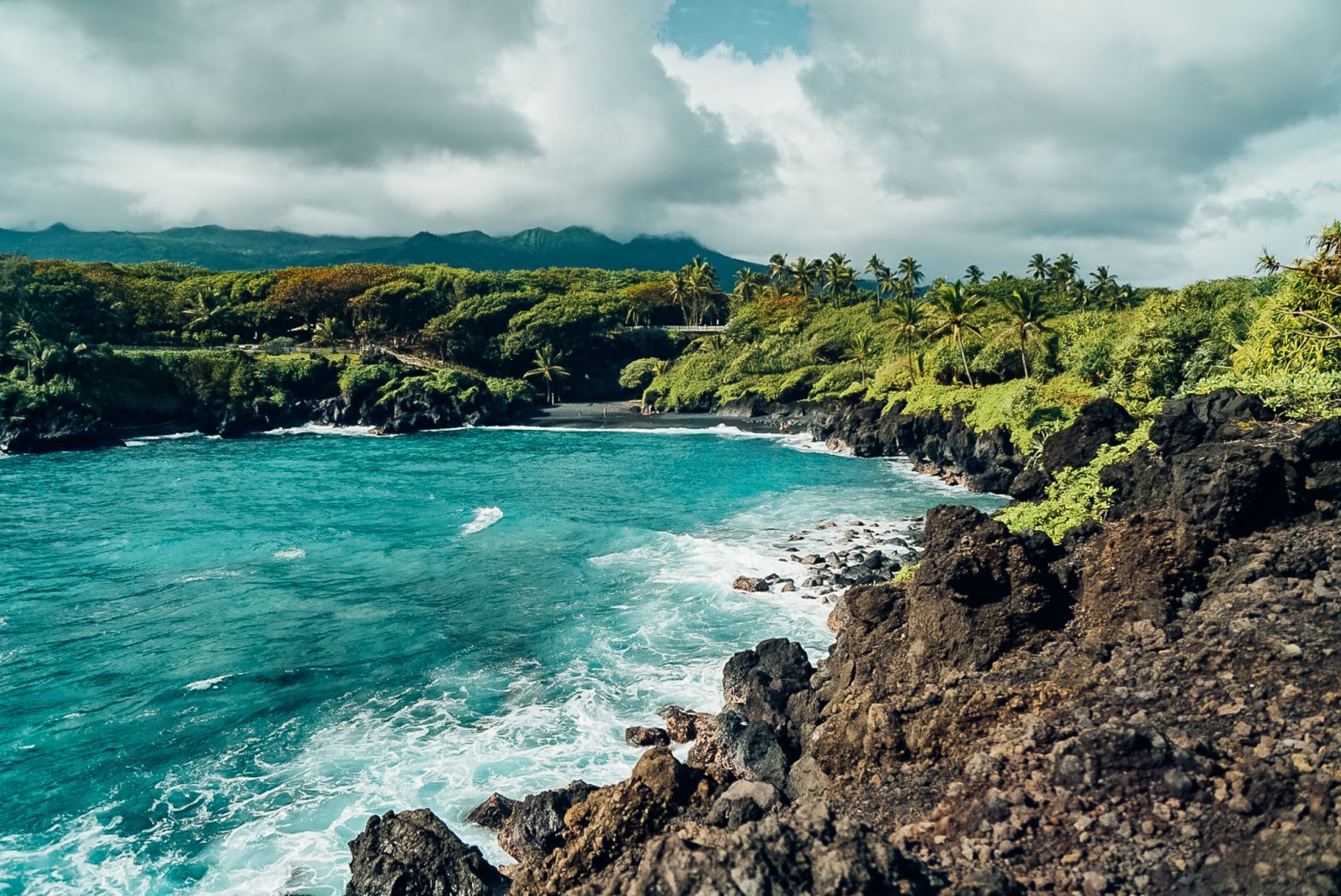 Black sand beach around a cove of sea water with palm trees, black lava rock, and mountains in the background