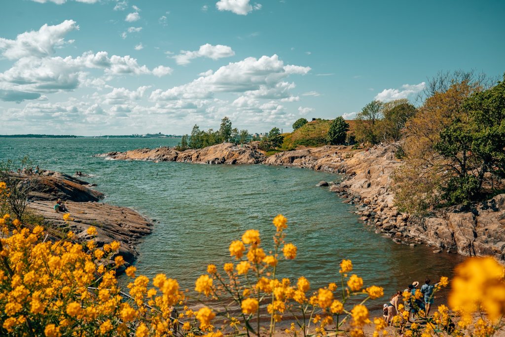 Beach with flowers in the foreground on Suomenlinna island in Helsinki