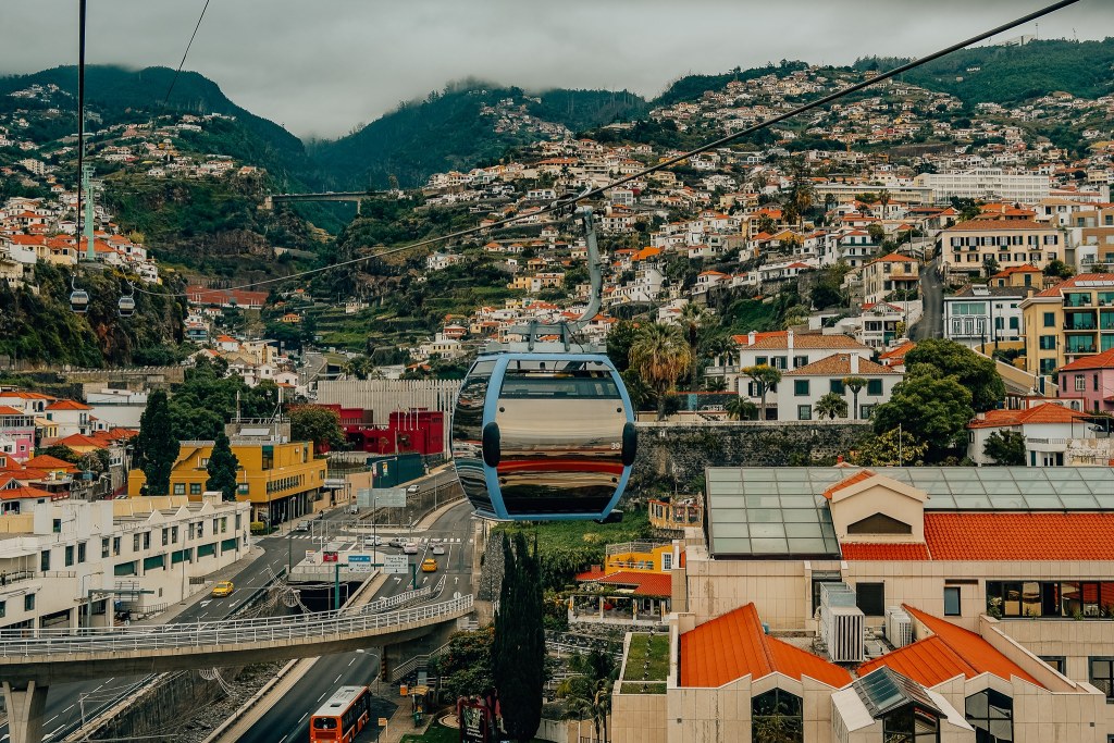 Cable car riding over Funchal, Madeira