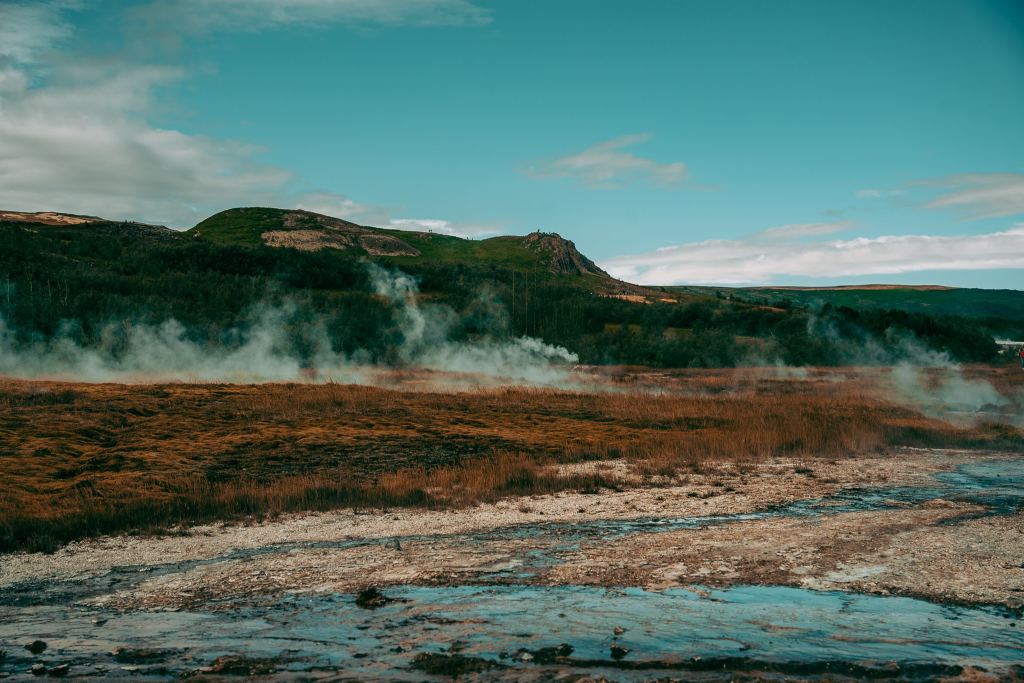 Steam from hot springs in Geysir, Iceland