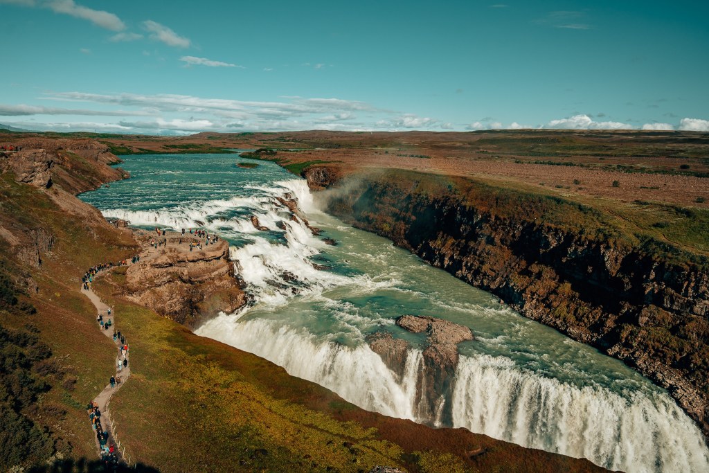 Massive Gulfoss waterfall in Iceland from above