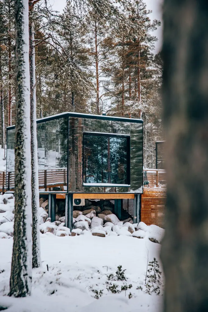 Mirrored cabin in the woods called Invisible Forest Lodge in Rovaniemi, Lapland, Finland