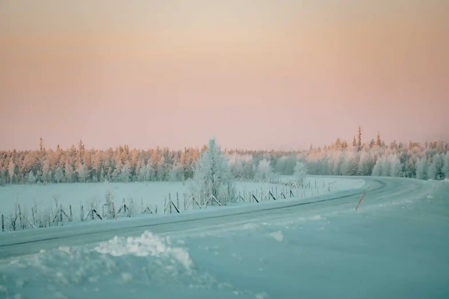 Sunset sky in Lapland, Finland with snow all over the ground and trees